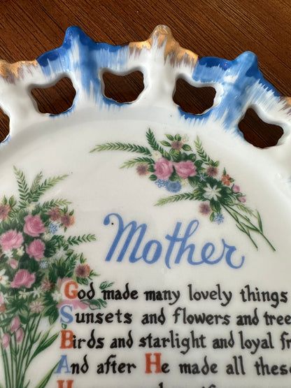 DECORATIVE RETICULATED PLATE, Poem for Mother, Vintage Porcelain Wall Hanging
