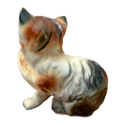 CERAMIC CAT FIGURINE LICKING PAW - MADE IN JAPAN - Green Eyes, Kitten, Kitty, Tabby