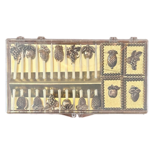 MID CENTURY BARWARE COCKTAIL PICKS SET OF 12 with 4 matchboxes Fruit Design 'Stir-it USA' Appetizers parties