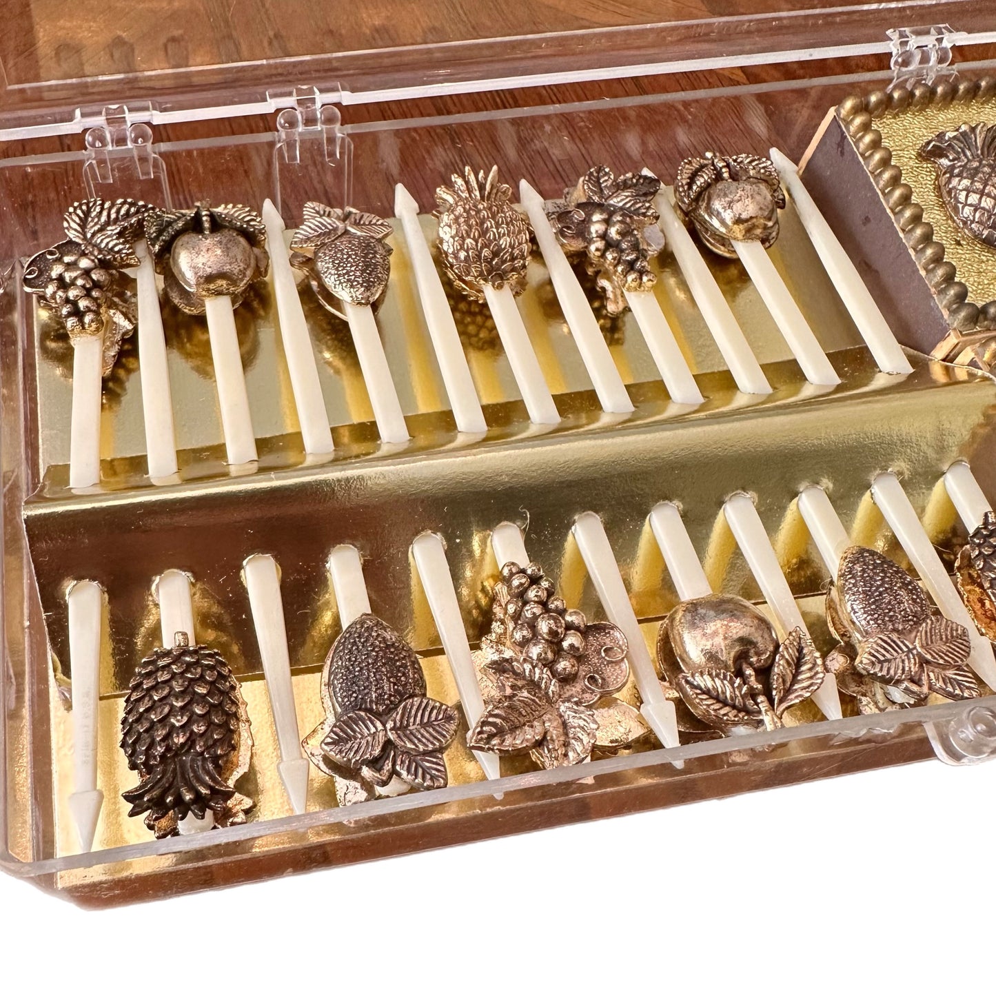 MID CENTURY BARWARE COCKTAIL PICKS SET OF 12 with 4 matchboxes Fruit Design 'Stir-it USA' Appetizers parties