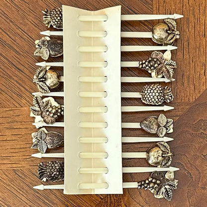 MID CENTURY BARWARE COCKTAIL PICKS SET OF 12 with 4 matchboxes Fruit Design 'Stir-it USA' Appetizers parties