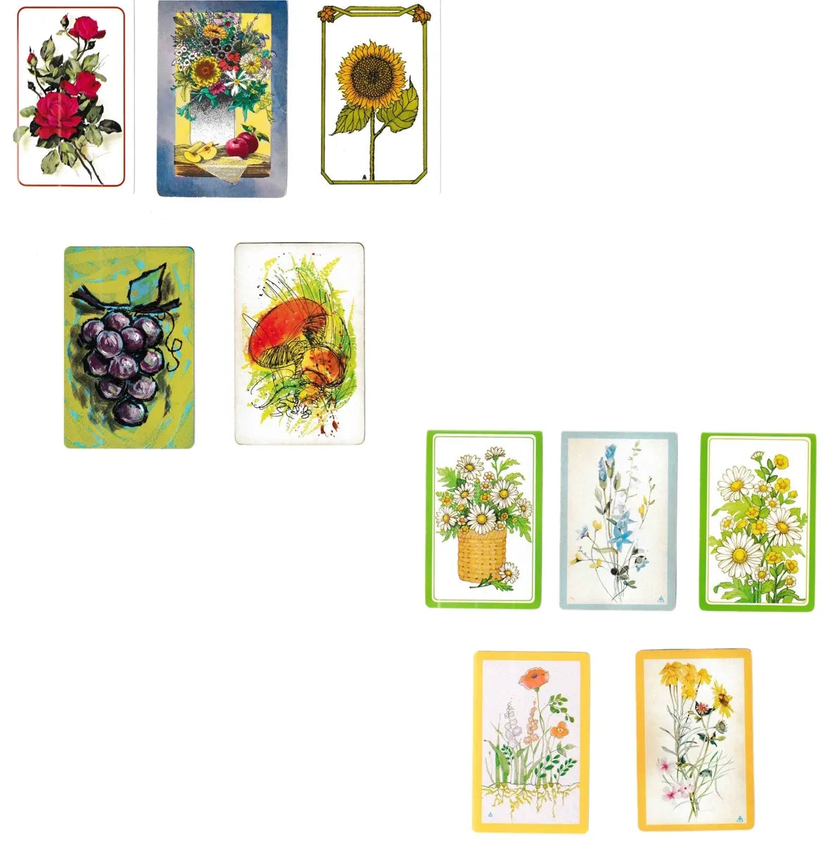 VINTAGE PLAYING CARDS - Set of 10 - Flowers, Floral, Grapes, Mushrooms, Junk Journal, Ephemera, Swap Cards, Craft Supply